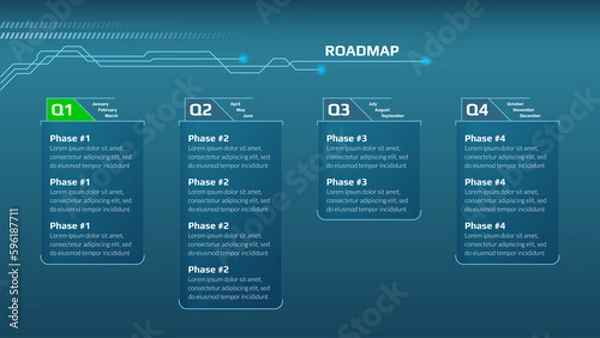 Fototapeta Horizontal quarterly roadmap in tech style on blue background. Timeline infographic template for business presentation. Vector.