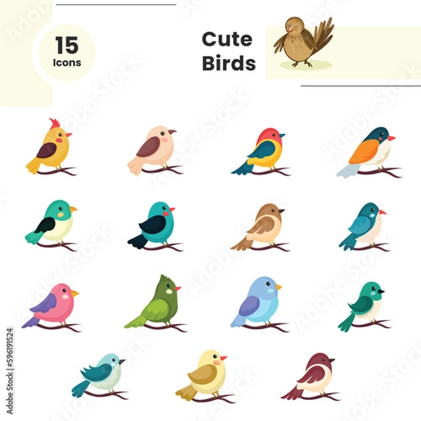 Fototapeta Diverse Types of Birds Sitting On Branch Icon In Flat Style.