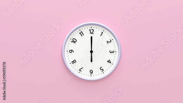 Obraz White clock on pastel color background. White wall clock hanging on the wall. Minimalist flat lay image of plastic wall clock over color background. Copy space. 6 o'clock