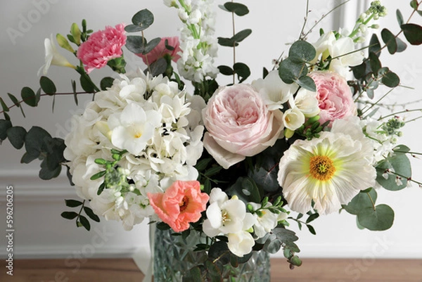 Fototapeta Bouquet of beautiful flowers in vase, closeup