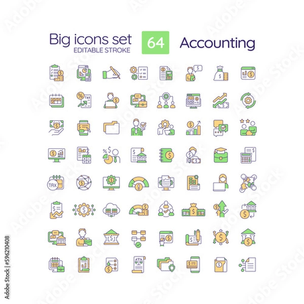 Fototapeta Accounting RGB color icons set. Financial transactions. Recording business activities. Finance management. Isolated vector illustrations. Simple filled line drawings collection. Editable stroke