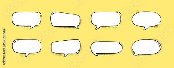 Fototapeta Retro speech bubble with black halftone shadows on yellow background template set. Vector illustration blank comic text frame, vintage design, pop art style