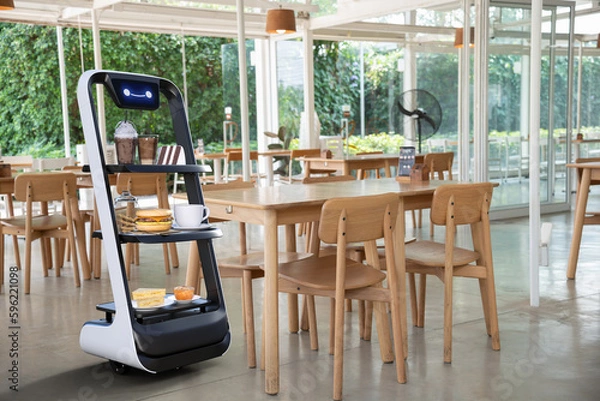 Fototapeta Autonomous waiter robot working in restaurant, Artificial intelligence 5G technology concept