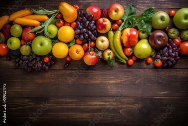 Fototapeta Fruits and vegetables on wooden table. Healthy food background with copy space, Generative AI