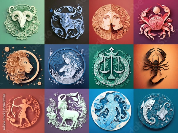Fototapeta Set of zodiac signs icons. Aries, Leo, Gemini, Taurus, Scorpio, Aquarius, Pisces, Sagittarius, libra, Virgo, Capricorn, and cancer. Paper cut craft. Generative AI