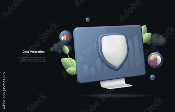 Fototapeta Data Protection concept. Realistic 3d illustration of Laptop computer with security shield symbol. Data protection, internet security concept. Landing page on dark background. Cartoon 3d style.