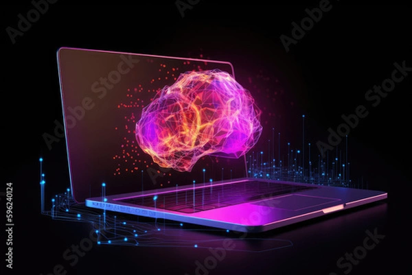 Fototapeta Laptop und Virtuelles Gehirn, Künstliche Intelligenz - Generative AI