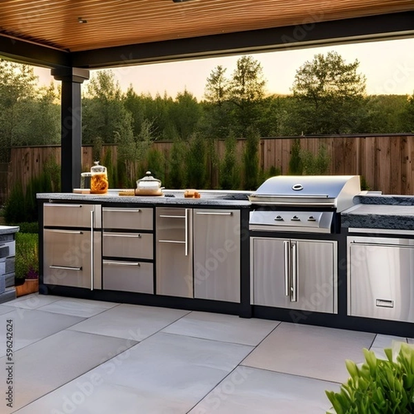 Fototapeta 5 An outdoor kitchen with a grill, countertops, and a sink4, Generative AI