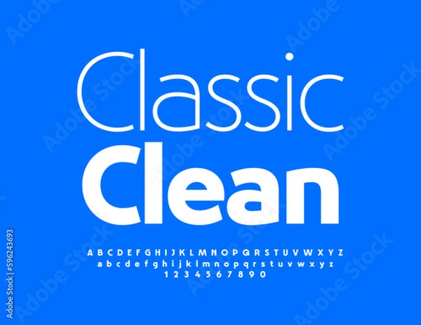 Fototapeta Vector marketing emblem Classic Clean. Elegant White Font. Artistic set of Alphabet Letters, Numbers and Symbols