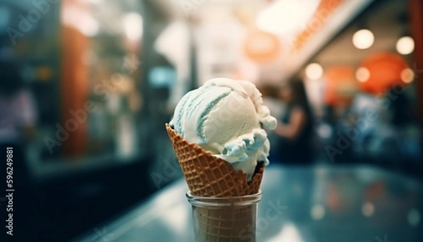 Fototapeta Vanilla ice cream in a waffle cone , the perfect dessert to satisfy your sweet cravings.