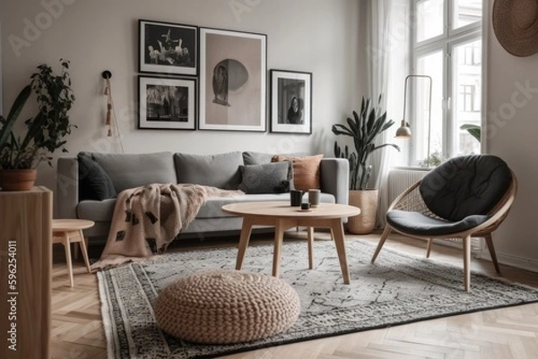 Fototapeta Stylish Living Room Interior with Beautiful Wall Art, Generative AI