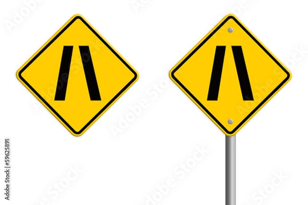 Fototapeta Road narrows traffic sign on white background with clipping path