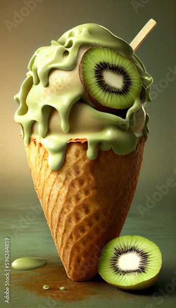 Fototapeta Illustration of kiwi ice cream with kiwi slices in a waffle cone. A popular summer cold treat. Generated by artificial intelligence