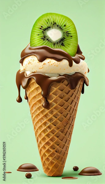 Fototapeta Illustration of kiwi ice cream with kiwi slices in a waffle cone. A popular summer cold treat. Generated by artificial intelligence