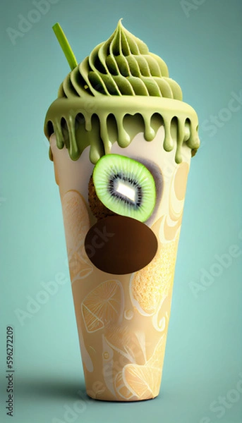 Fototapeta Illustration of kiwi ice cream with kiwi slices in a waffle cone. A popular summer cold treat. Generated by artificial intelligence