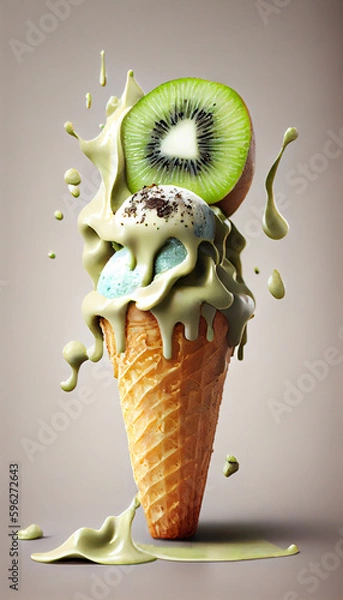 Fototapeta Illustration of kiwi ice cream with kiwi slices in a waffle cone. A popular summer cold treat. Generated by artificial intelligence