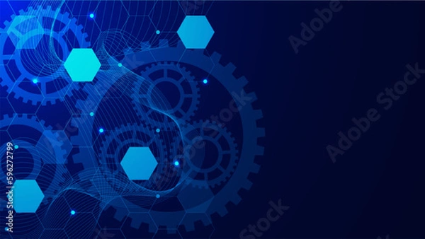 Fototapeta Gear wheel with hexagons and wave flow technology and engineering concept. Abstract futuristic background design.