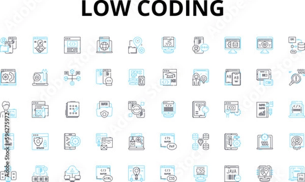 Fototapeta Low coding linear icons set. Simplify, Efficiency, Intuitive, Agile, Rapid, Streamline, Productivity vector symbols and line concept signs. Automate,Scalable,Flexibility illustration