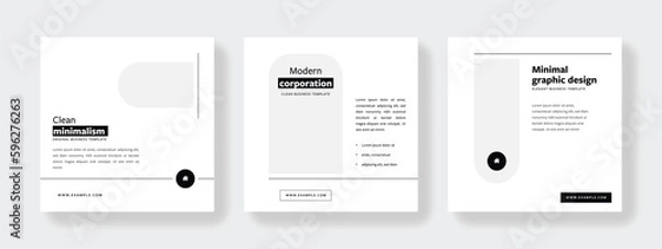 Obraz Set of monochrome social media layouts with line accent, simple editable graphic templates for web, rounded corners, instagram, facebook, black and white, square design, banner advert
