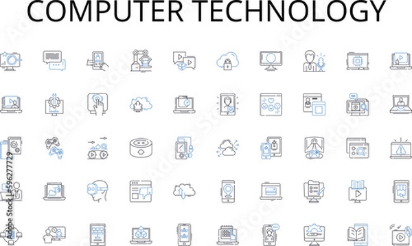 Fototapeta Computer technology line icons collection. Adtech, PPC, Impressions, Programmatic, Clicks, Conversion, CPM vector and linear illustration. ROI,Targeting,Analytics outline signs set Generative AI