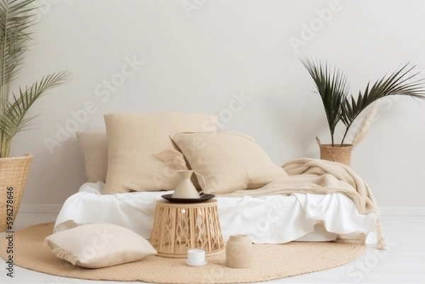 Fototapeta interior home design modern table palm bed rattan tray furniture wood. Generative AI.