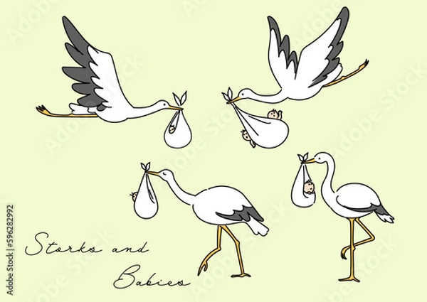 Obraz おくるみに入った赤ちゃんを運ぶコウノトリのベクター線イラスト