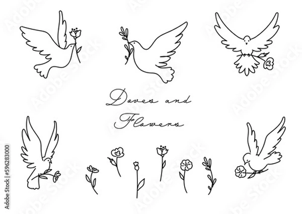 Obraz かわいい花を届けに羽ばたく白い鳩のシンプルなベクター線イラスト