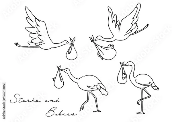 Obraz おくるみに入った赤ちゃんを運ぶコウノトリのベクター線イラスト