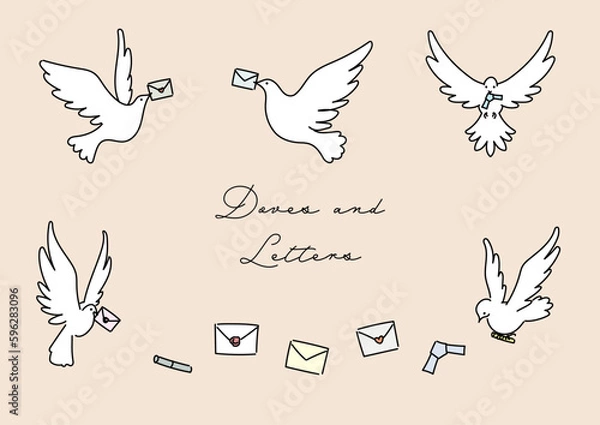 Obraz 手紙を届けに羽ばたく白い鳩のシンプルなベクター線イラスト