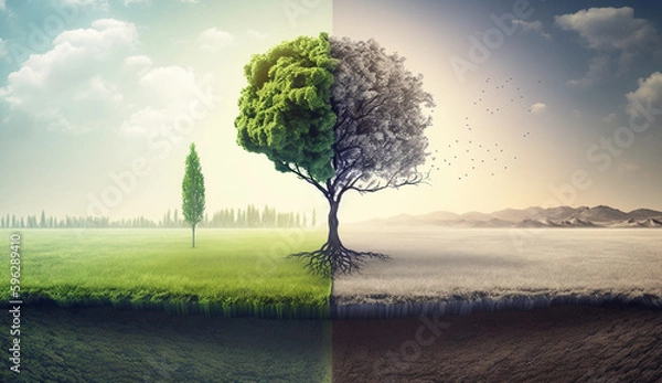 Fototapeta a tree in a green meadow clear air with plants and air pollution that affects climate change. AI Generative.