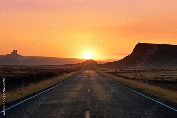 Fototapeta A straight road on a trip with sunset