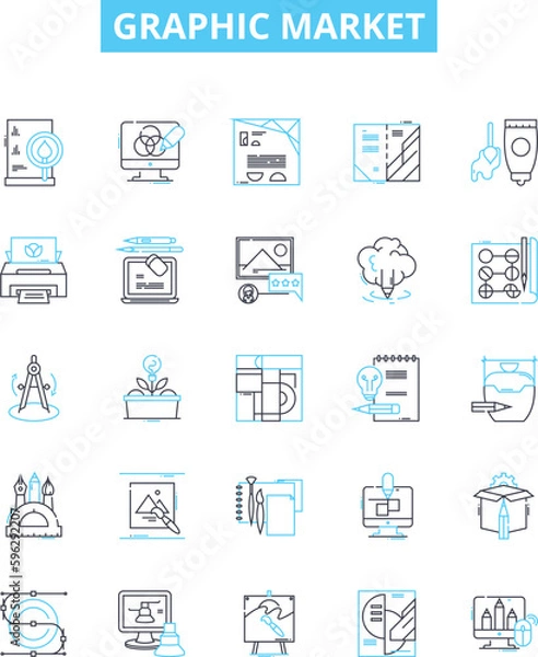 Fototapeta Graphic market vector line icons set. Graphic, Design, Market, Printing, Graphic Art, Illustration, Advertising illustration outline concept symbols and signs