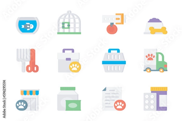 Fototapeta Veterinary 3d icons set. Pack flat pictograms of different types of aquarium, cage, pet collar, dog food, grooming, veterinarian, cat carrier and other. Vector elements for mobile app and web design