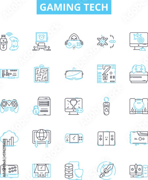 Fototapeta Gaming tech vector line icons set. Gaming, Tech, Console, Controller, VR, Racing, Simulator illustration outline concept symbols and signs