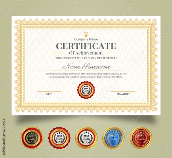 Fototapeta Certificate of Appreciation and Achievement template. Clean modern certificate with gold badge and modern curve line pattern. Diploma award design for business and education needs.