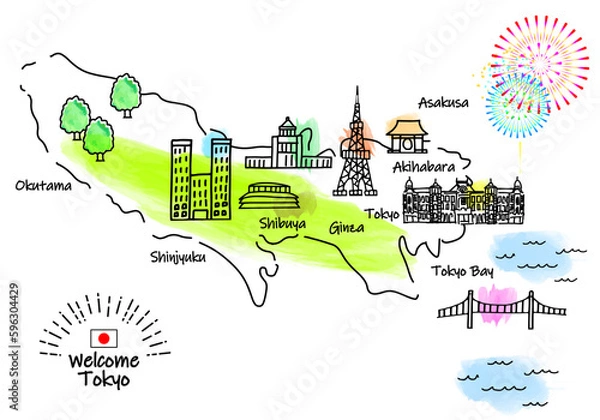 Obraz 手描きの東京の観光地のシンプル線画イラストマップ