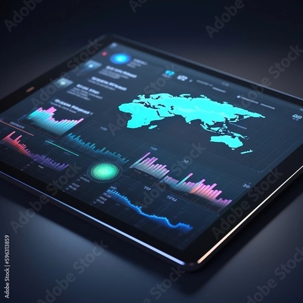 Fototapeta Digital tablet graphs and finance analytics for stock market, global investment and ui data. Online statistics on screen app as financial review, economy research and trading analysis. generative ai