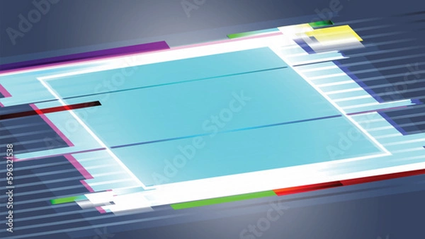 Obraz Hi tech glitch rectangle background. Neon blue glitch screen. Glow neon light rectangle in perspective.