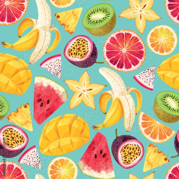 Fototapeta Vector seamless pattern with exotic fruit slices