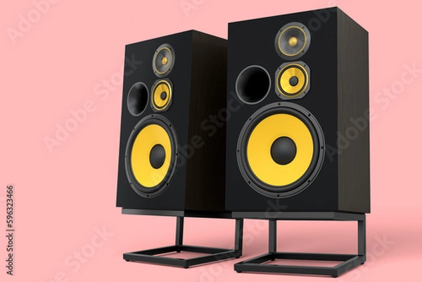 Fototapeta Hi-fi speakers with loudspeakers on stand on pink background.
