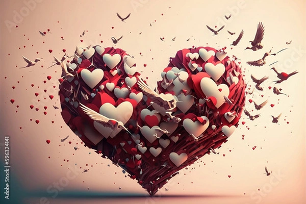 Fototapeta Abstract heart form made of hearts and birds. Generative AI