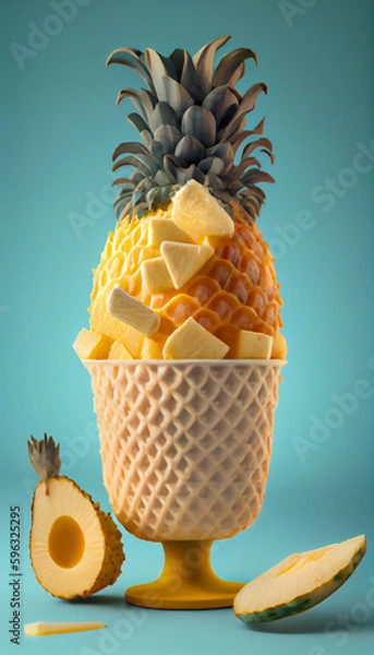 Fototapeta Illustration of pineapple ice cream with pineapple pieces in a waffle cone. The concept of natural sweets. A popular summer refreshing treat. Generated by artificial intelligence