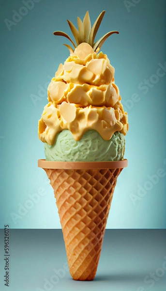 Fototapeta Illustration of pineapple ice cream with pineapple pieces in a waffle cone. The concept of natural sweets. A popular summer refreshing treat. Generated by artificial intelligence