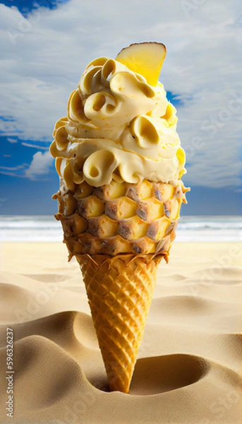 Fototapeta Illustration of pineapple ice cream with pineapple pieces in a waffle cone. The concept of natural sweets. A popular summer refreshing treat. Generated by artificial intelligence