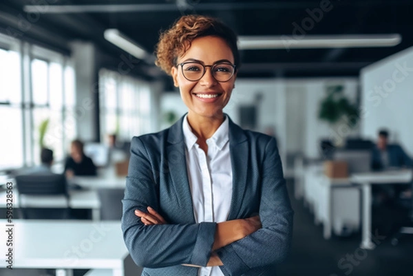 Obraz Attractive and confident business woman smiling and standing in modern office - theme power woman, colleagues or boss - Generative AI