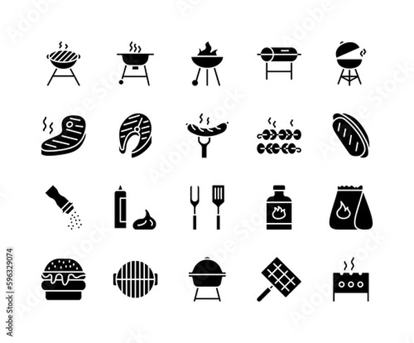 Fototapeta Barbecue and grill flat line icons set. Contains such Icons as BBQ, Grill, Steak, Bonfire, Gas and more. Simple flat vector illustration for web site or mobile app.