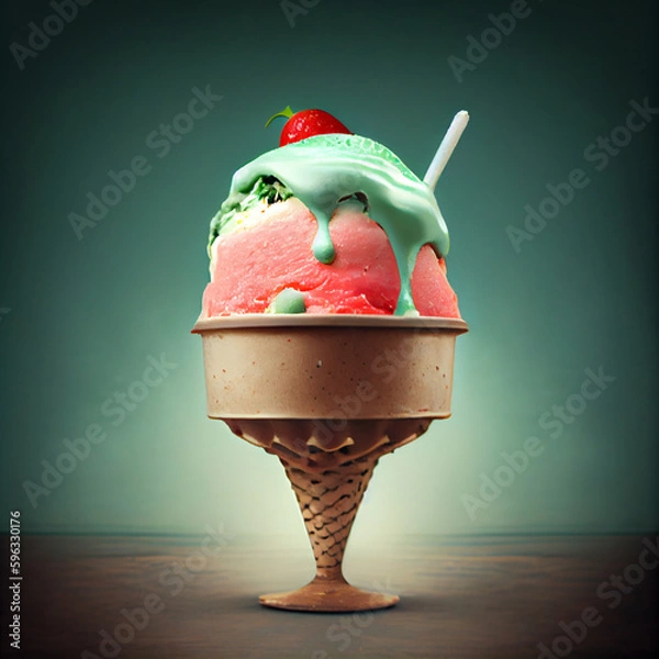 Fototapeta Illustration of watermelon ice cream with watermelon slices in a waffle cone. The concept of natural sweets. A popular summer refreshing treat. Generated by artificial intelligence