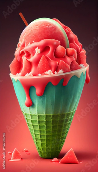 Fototapeta Illustration of watermelon ice cream with watermelon slices in a waffle cone. The concept of natural sweets. A popular summer refreshing treat. Generated by artificial intelligence