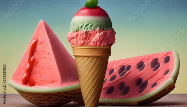 Fototapeta Illustration of watermelon ice cream with watermelon slices in a waffle cone. The concept of natural sweets. A popular summer refreshing treat. Generated by artificial intelligence