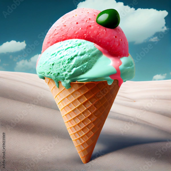 Fototapeta Illustration of watermelon ice cream with watermelon slices in a waffle cone. The concept of natural sweets. A popular summer refreshing treat. Generated by artificial intelligence